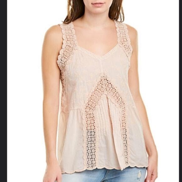 Johnny Was Tops - Johnny Was Harper Pastel Peach Pink Eyelet Embroidered Cupro Tank Top SZ S